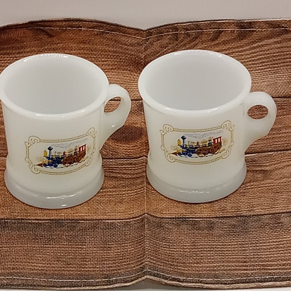 Iron Horse Steam Engine Train Milk Glass Cups Railroad Conductor Mugs White